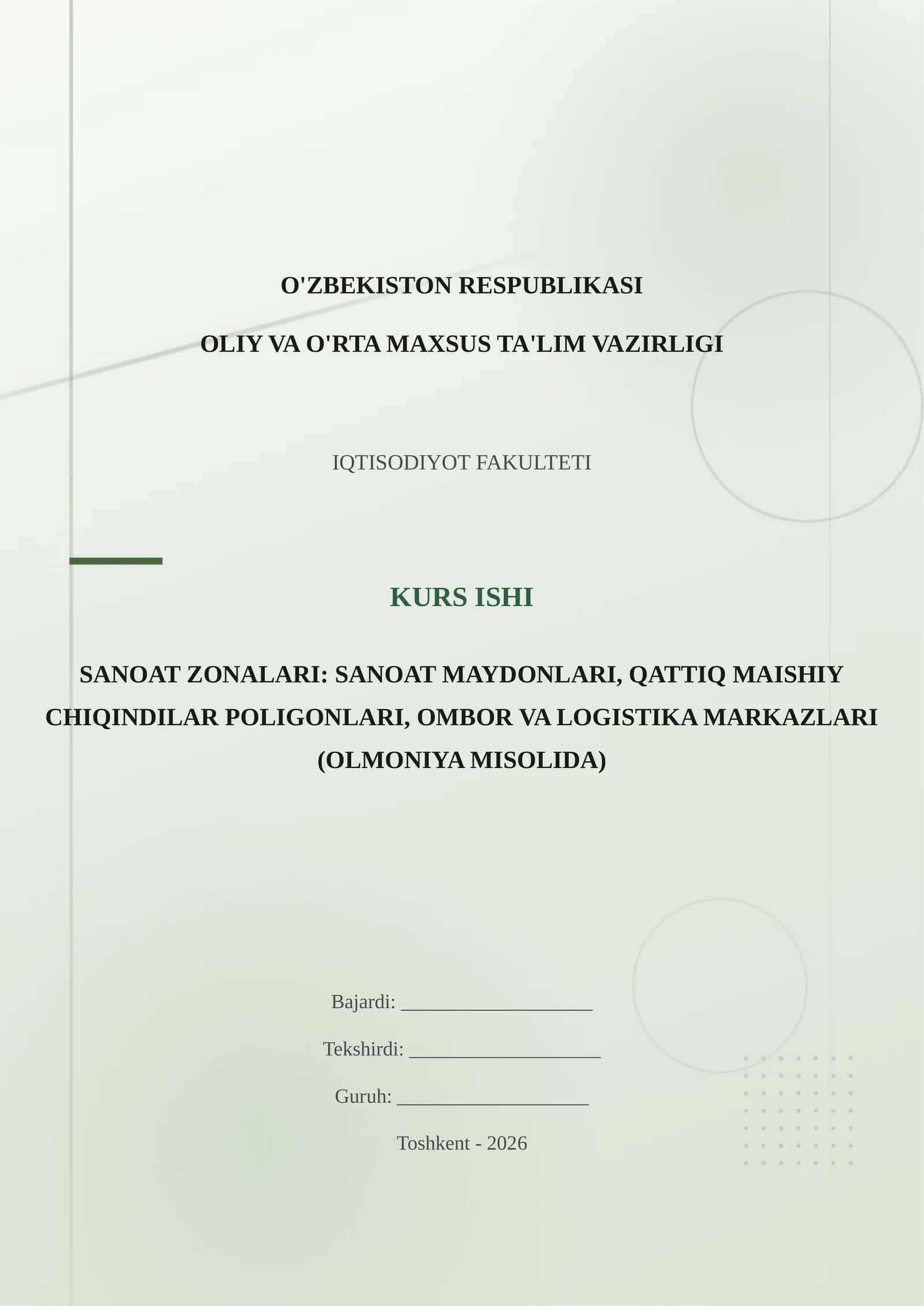 SANOAT ZONALARI: SANOAT MAYDONLARI, QATTIQ MAISHIY CHIQINDILAR POLIGONLARI, OMBOR VA LOGISTIKA MARKAZLARI (OLMONIYA MISOLIDA) 1