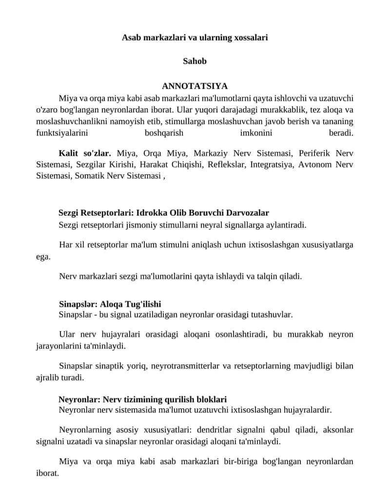 Asab markazlari va ularning xossalari 1