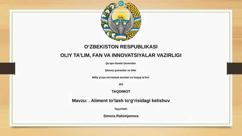 Aliment to'lash to'g'risidagi kelishuv 1