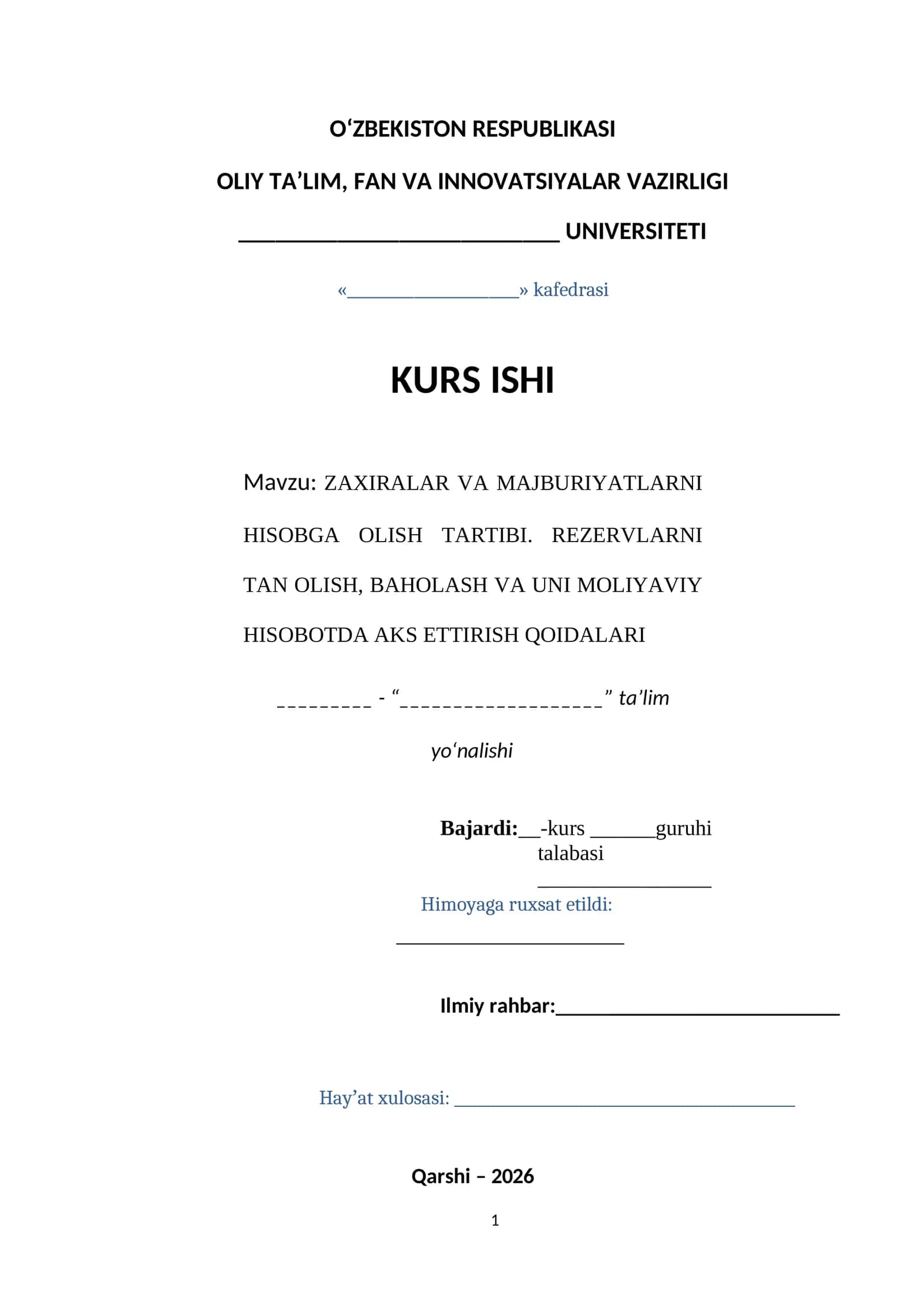 ZAXIRALAR VA MAJBURIYATLARNI HISOBGA OLISH TARTIBI. REZERVLARNI TAN OLISH, BAHOLASH VA UNI MOLIYAVIY HISOBOTDA AKS ETTIRISH QOIDALARI 1