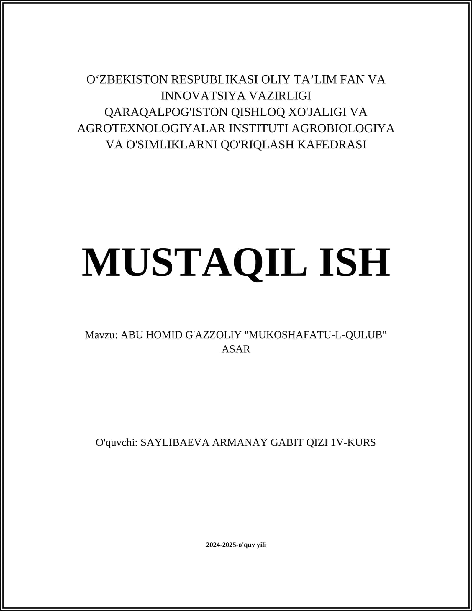 ABU HOMID G'AZZOLIY "MUKOSHAFATU-L-QULUB" ASAR 1