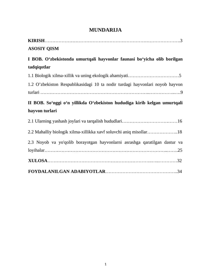 Zoologiya Oʻzbekiston hududiga oxirgi on yillikda kirib kelgan umurtqali hayvon ularning biologik xilma xillikga tasiri kurs ishi 1
