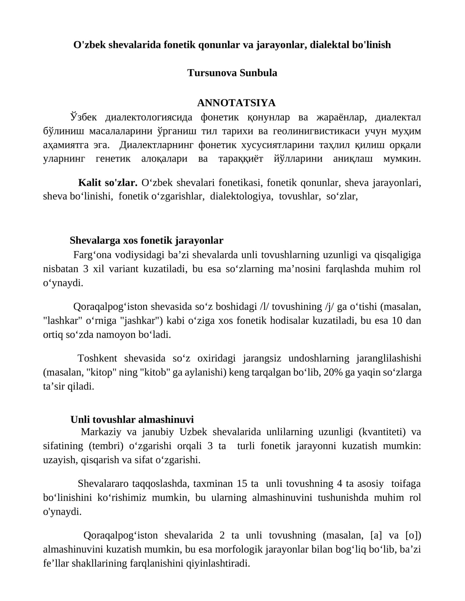 O'zbek shevalarida fonetik qonunlar va jarayonlar, dialektal bo'linish 1