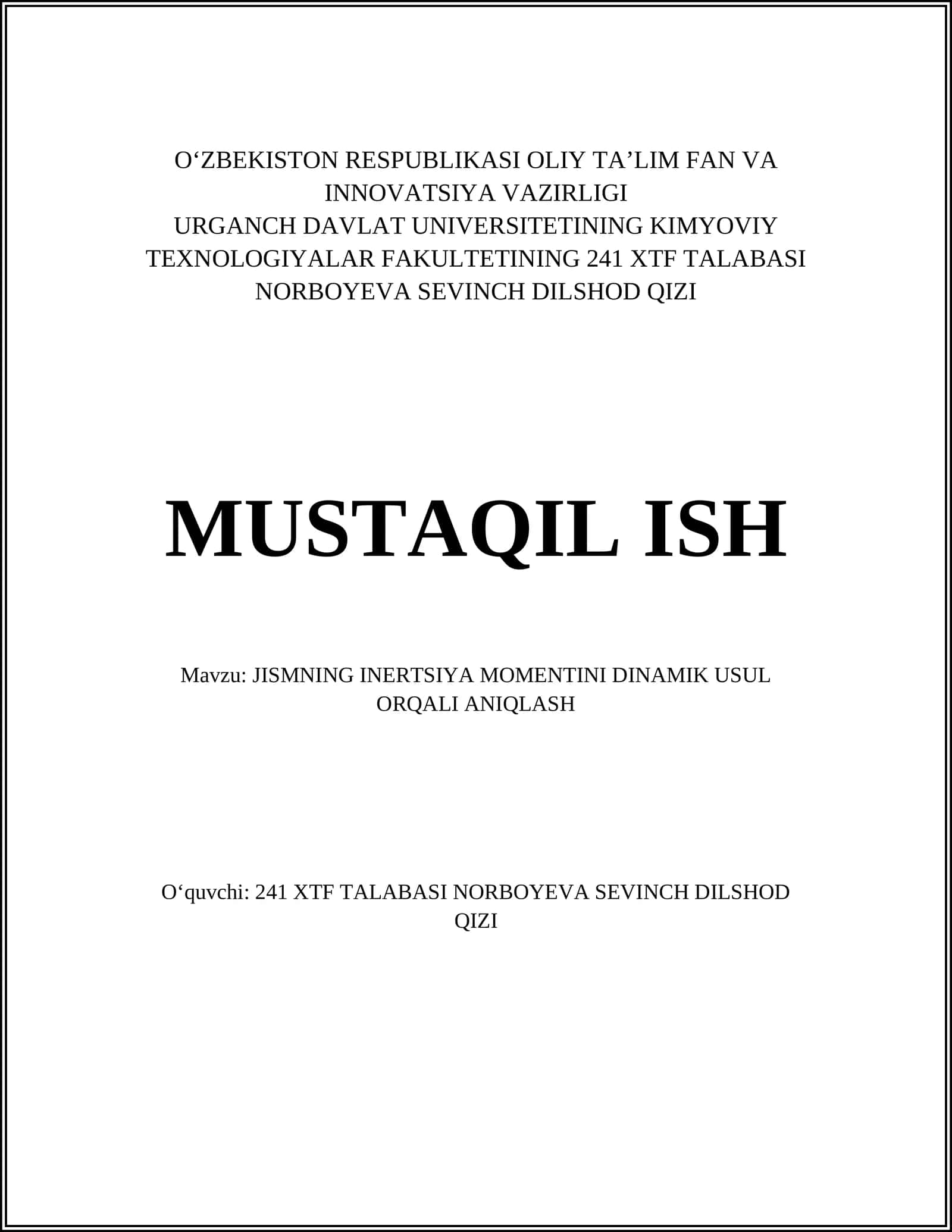 JISMNING INERTSIYA MOMENTINI DINAMIK USUL ORQALI ANIQLASH 1