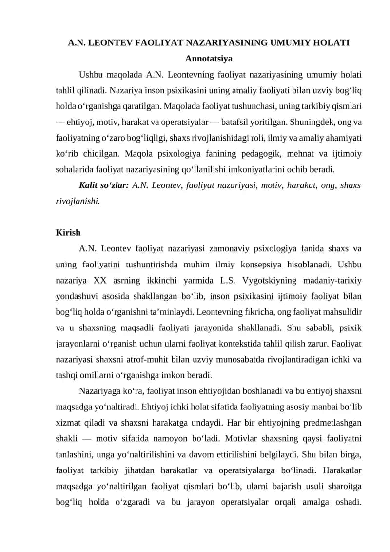 A.N.Leontev faoliyat nazariyasining umumiy holati 1
