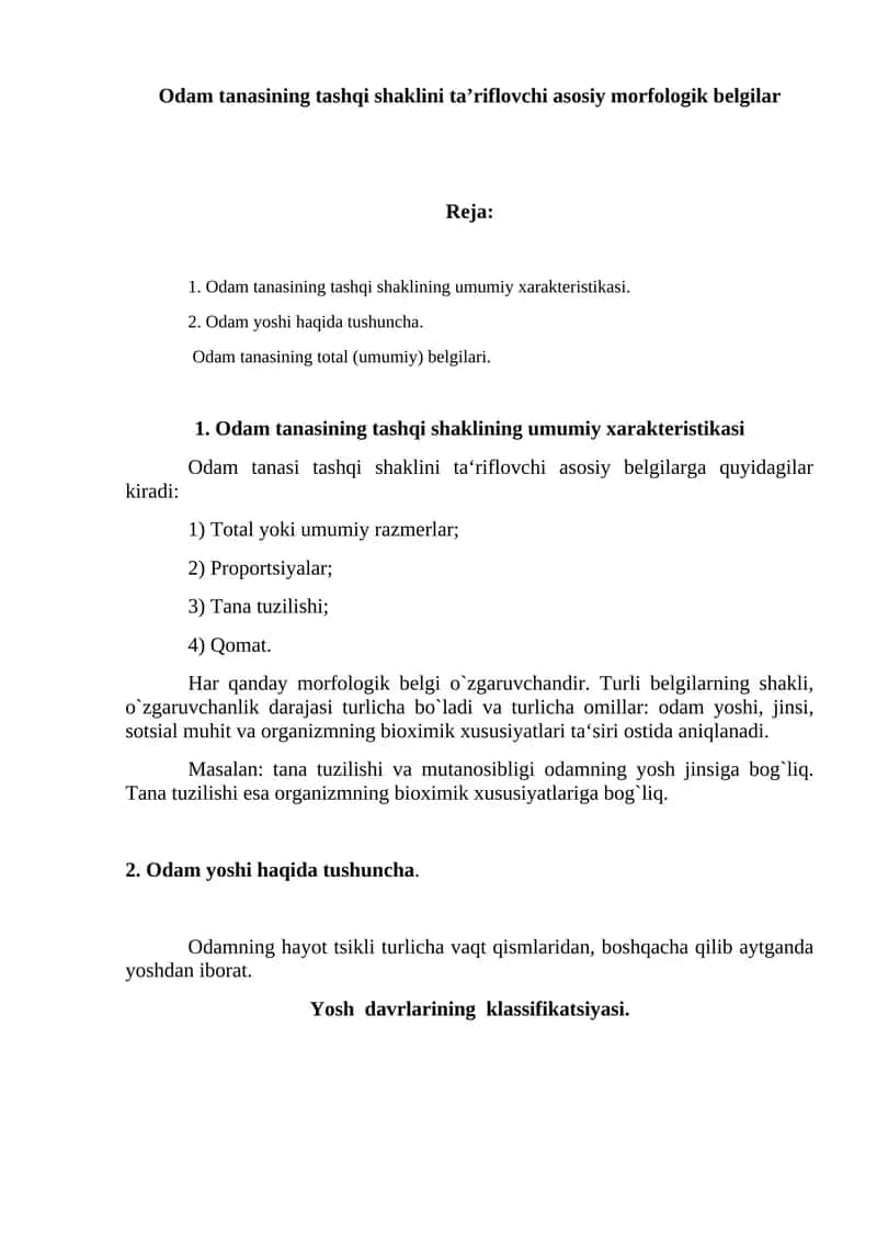 Odam tanasining tashqi shaklini ta’riflovchi asosiy morfologik belgilar 1