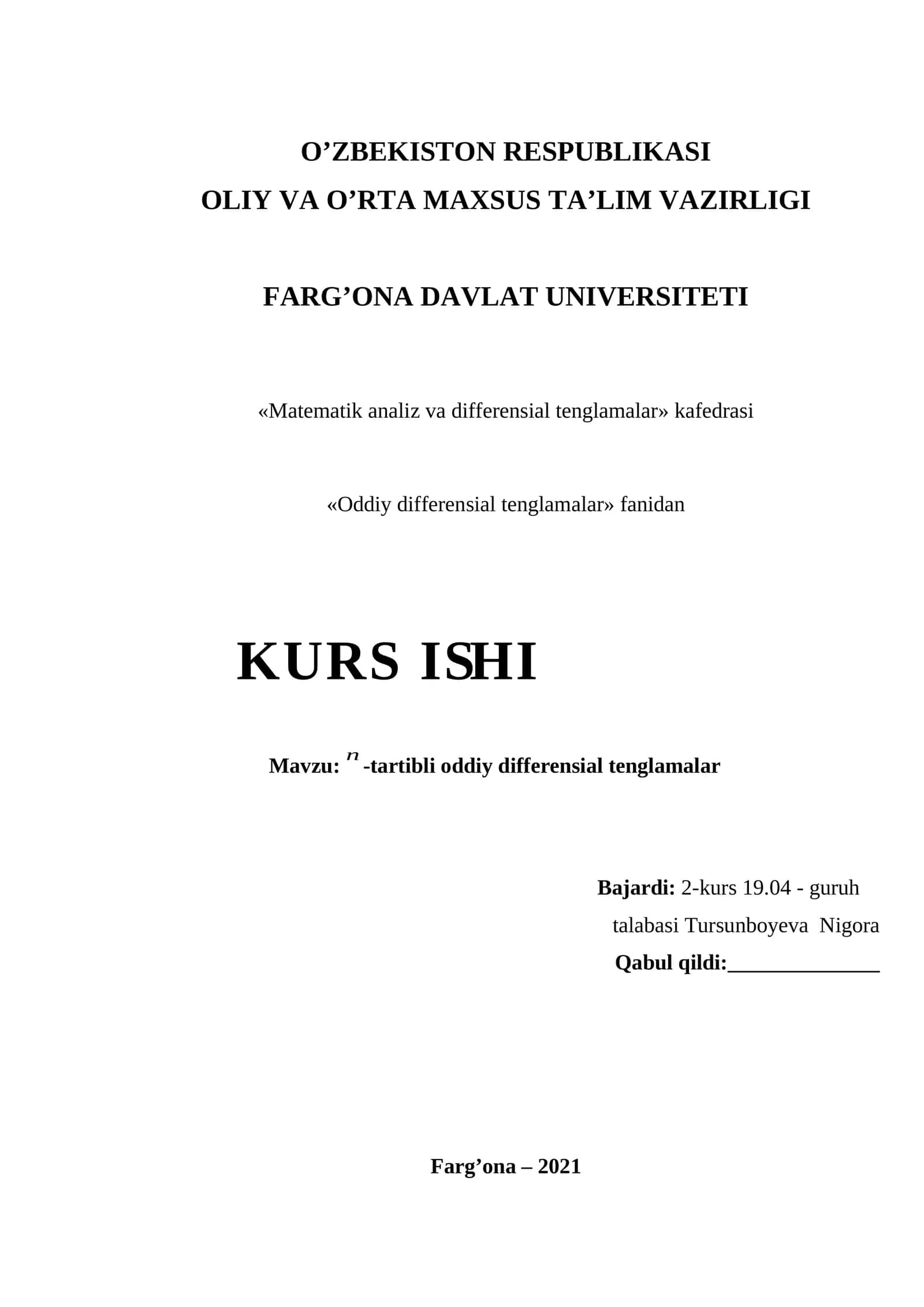 Oddiy differensial tenglamalar 1