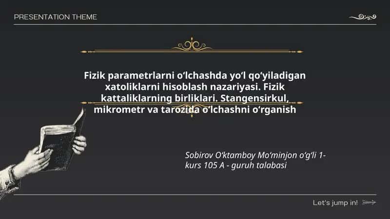 Fizik parametrlarni oʻlchashda yoʻl qoʻyiladigan xatoliklarni hisoblash nazariyasi. Fizik kattaliklarning birliklari. Stangensirkul, mikrometr va tarozida oʻlchashni oʻrganish 1