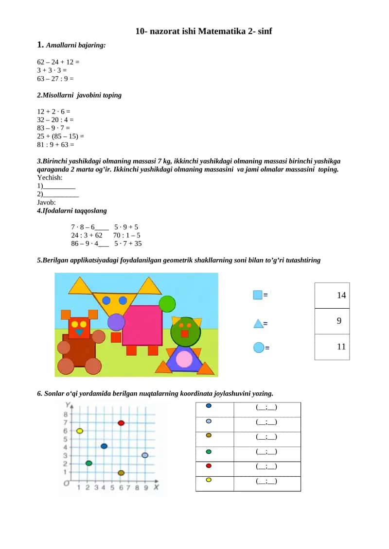 10- nazorat ishi Matematika 2- sinf 1