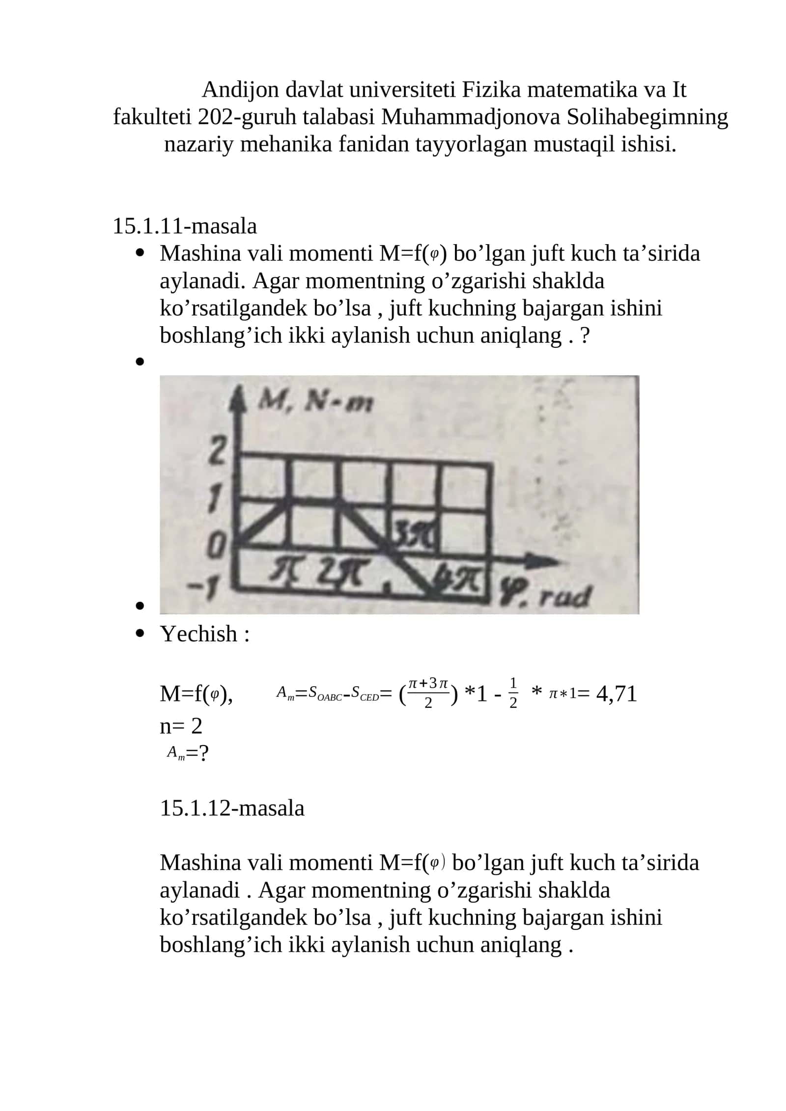 Nazariy mehanika fanidan tayyorlagan mustaqil ishisi 1