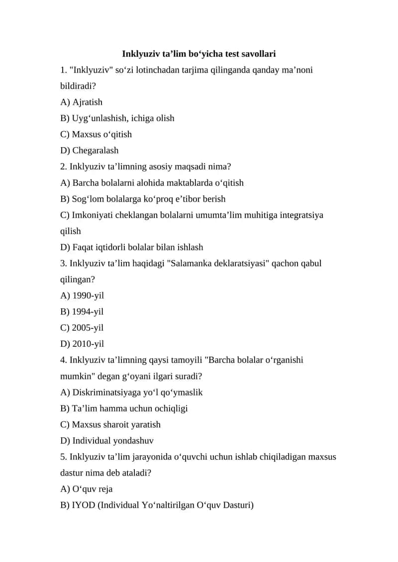 Inklyuziv ta’lim bo‘yicha test savollari       Inklyuziv ta’lim bo‘yicha test savollari 1