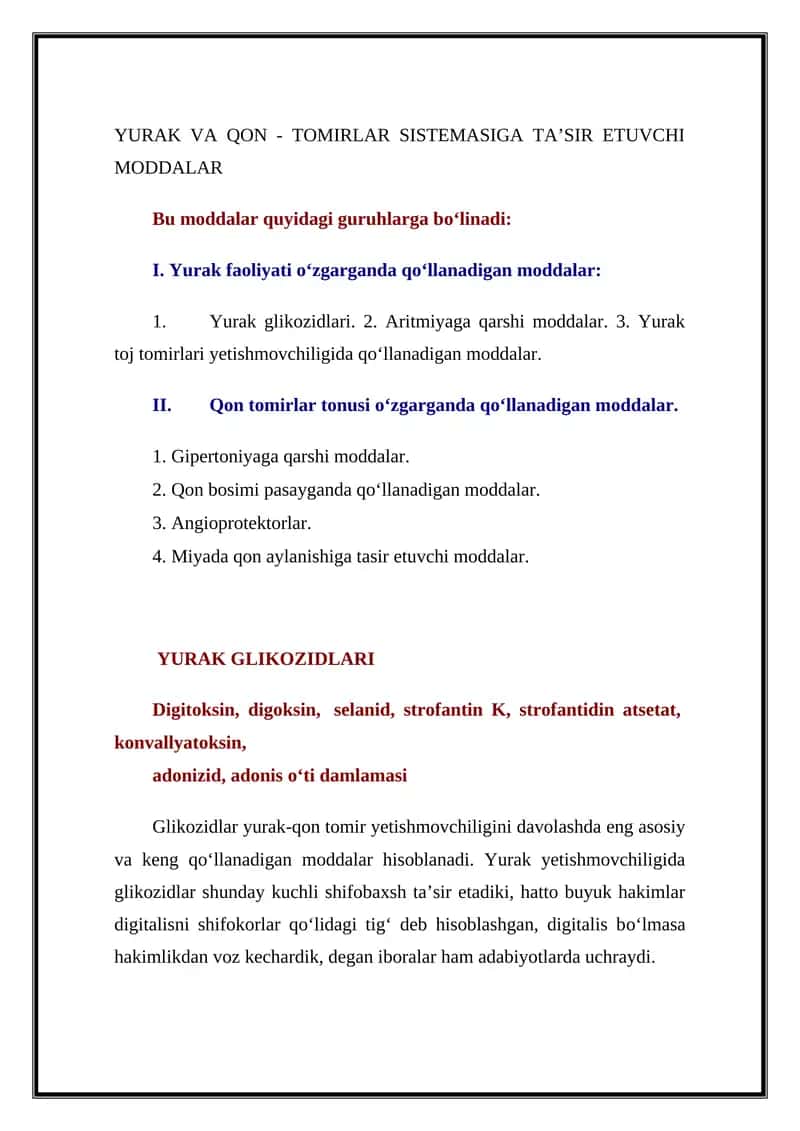 YURAK VA QON - TOMIRLAR SISTEMASIGA TA’SIR ETUVCHI MODDALAR 1