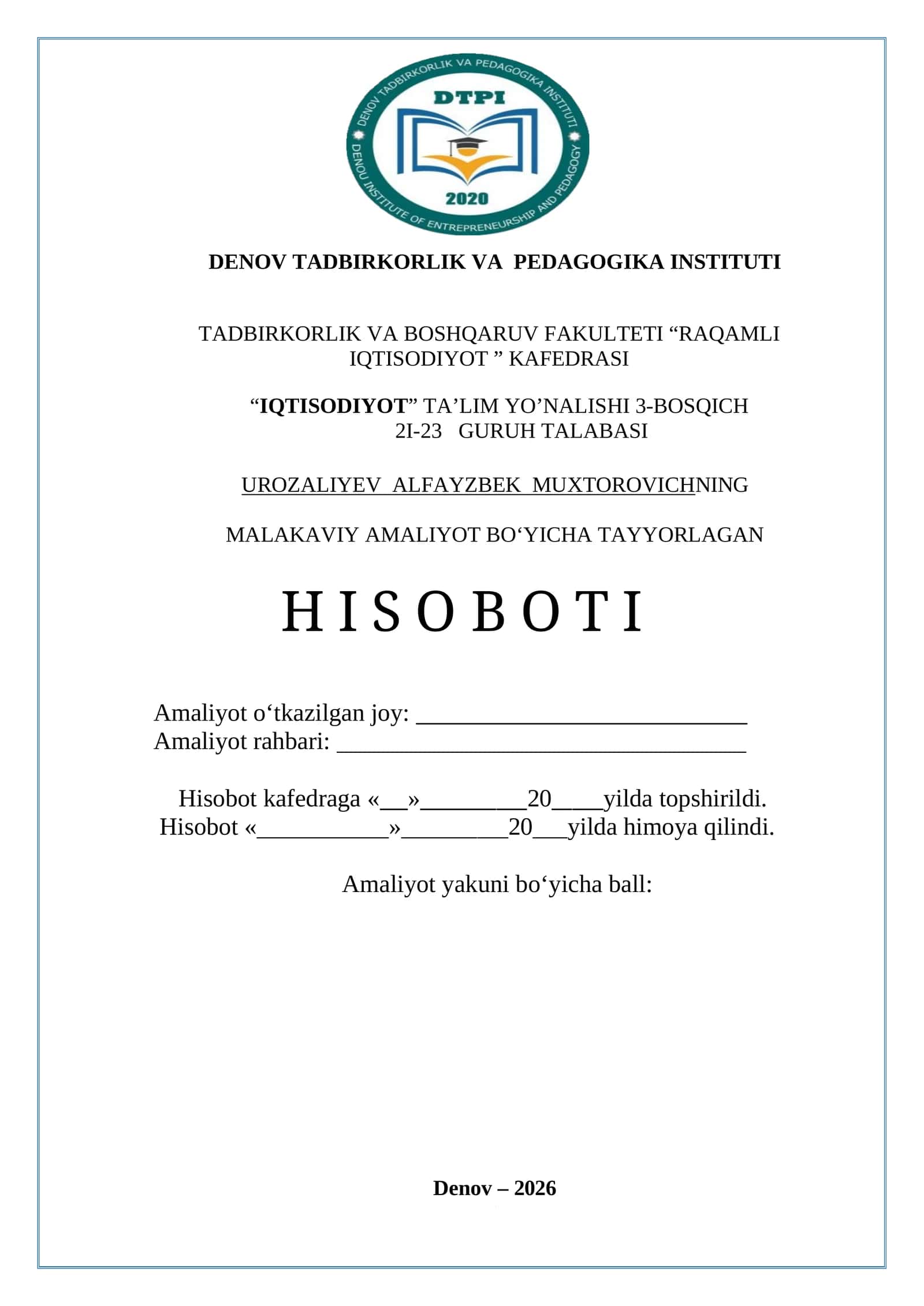 FERMERLAR KENGASHI BUXGALTERIYA BO'LIMI Malakaviy Amaliyot Hisoboti 1