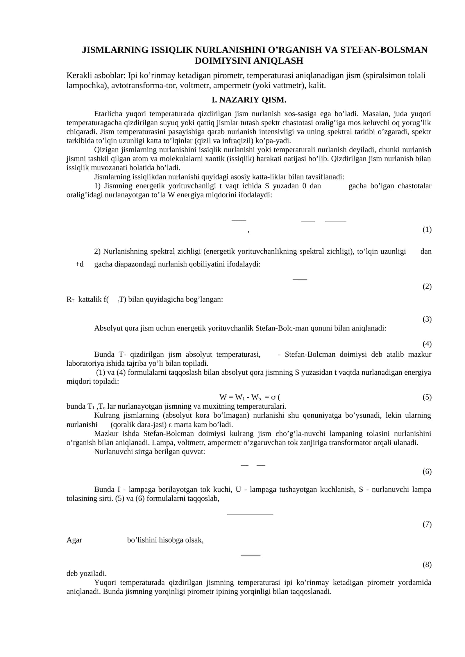 JISMLARNING ISSIQLIK NURLANISHINI O’RGANISH VA STEFAN-BOLSMAN DOIMIYSINI ANIQLASH 1