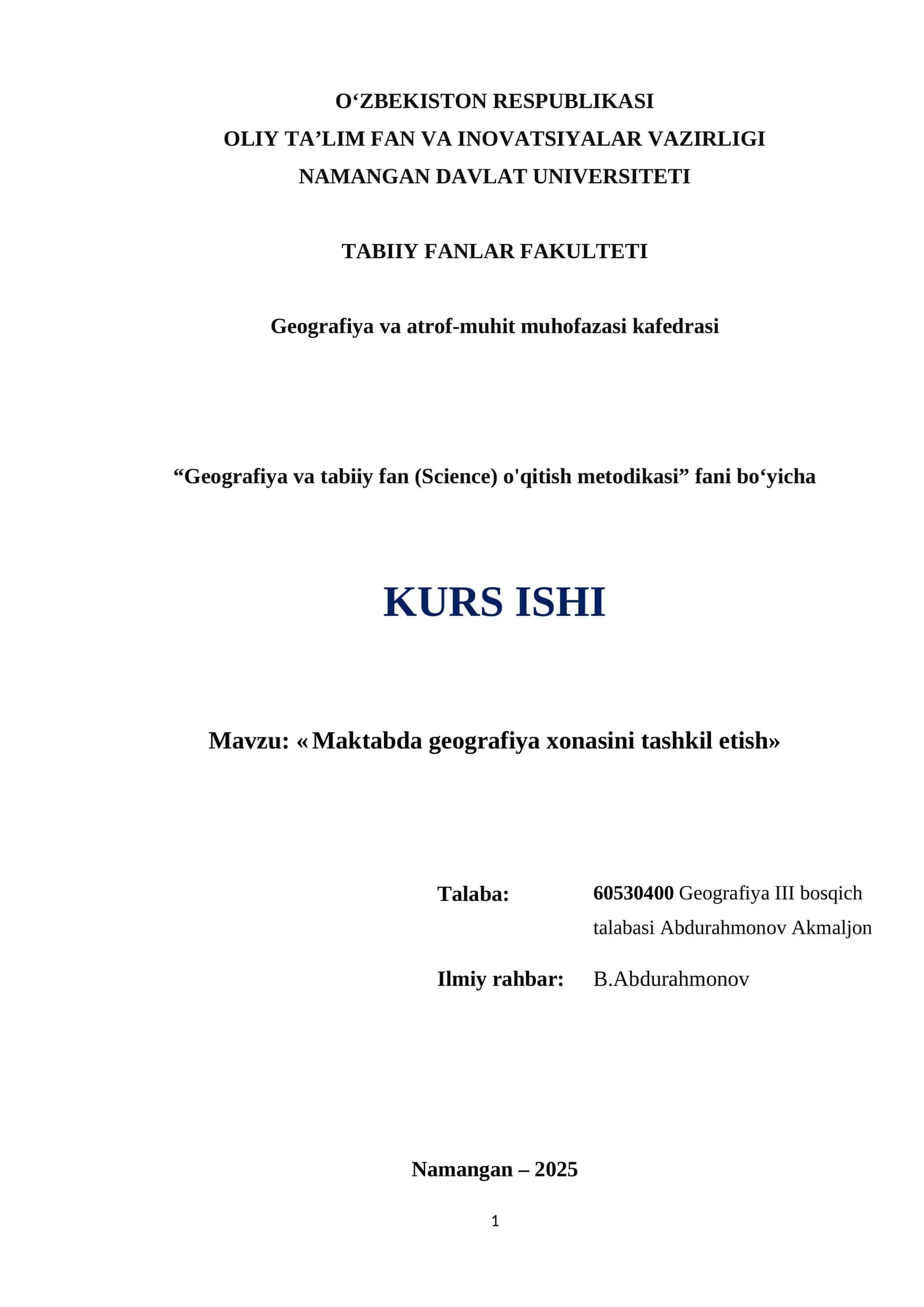 Geografiya va tabiiy fan o'qitish metodikasi 1