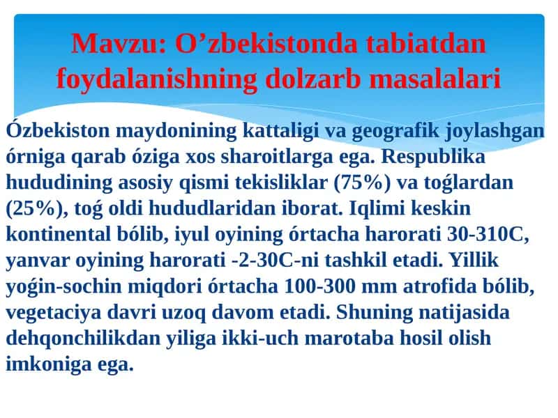 O’zbekistonda tabiatdan foydalanishning dolzarb masalalari 1