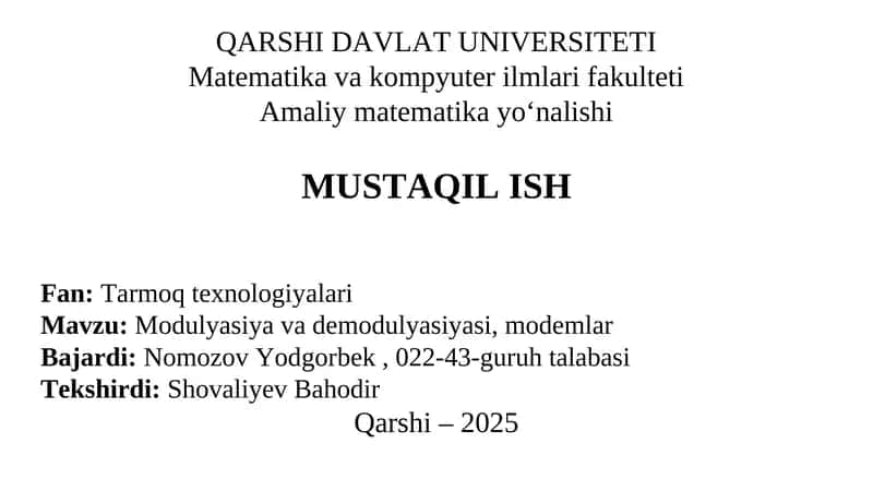 Modulyatsiya va demodulyasiyasi, modemlar 1