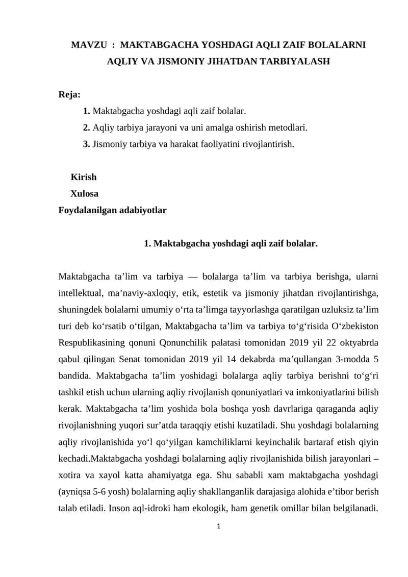 MAKTABGACHA YOSHDAGI AQLI ZAIF BOLALARNI AQLIY VA JISMONIY JIHATDAN TARBIYALASH 1
