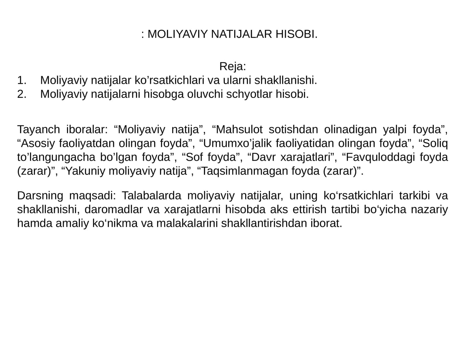 MOLIYAVIY NATIJALAR HISOBI 1