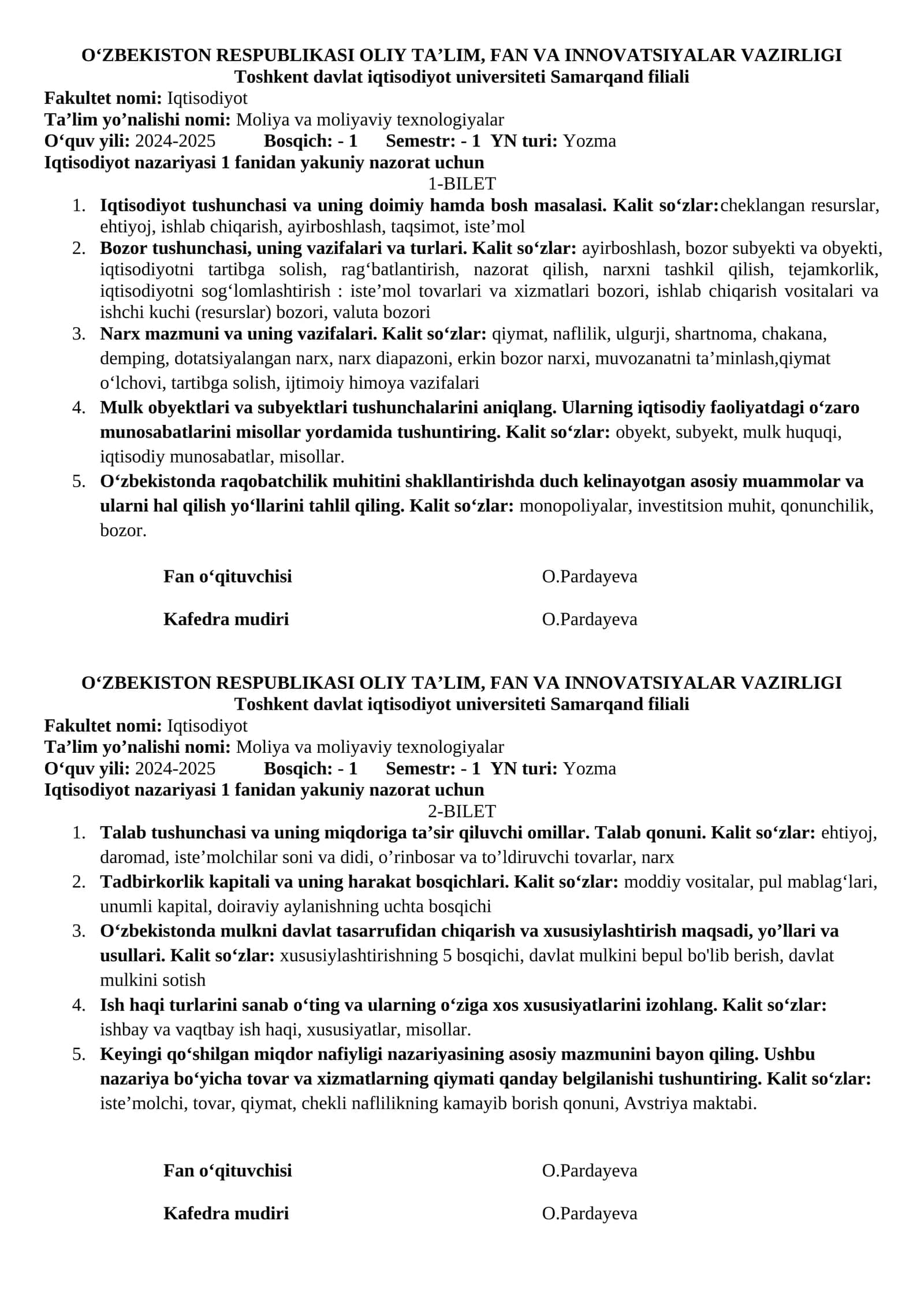 Iqtisodiyot nazariyasi 1 fanidan yakuniy nazorat uchun 1-BILET 1