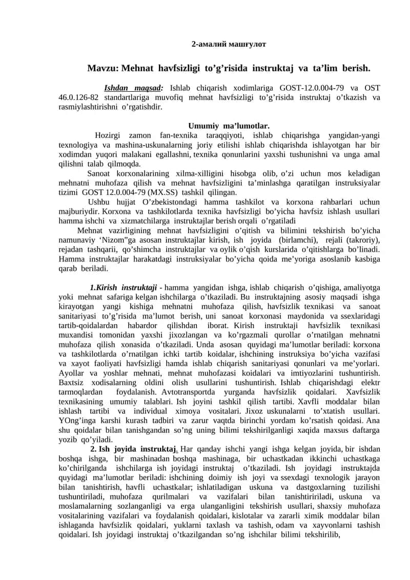 Mehnat havfsizligi to’g’risida instruktaj va ta’lim berish 1