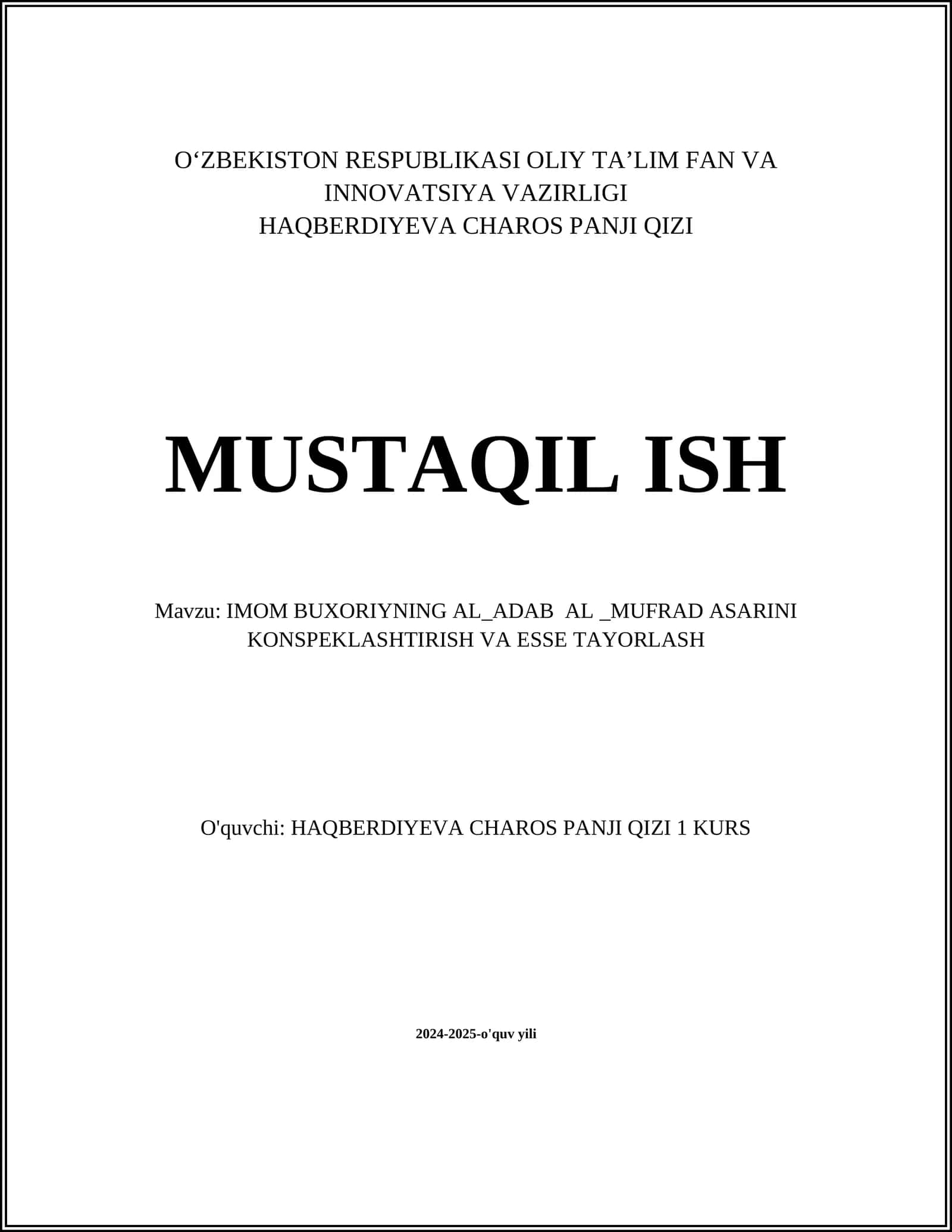 IMOM BUXORIYNING AL_ADAB AL _MUFRAD ASARINI KONSPEKLASHTIRISH VA ESSE TAYORLASH 1