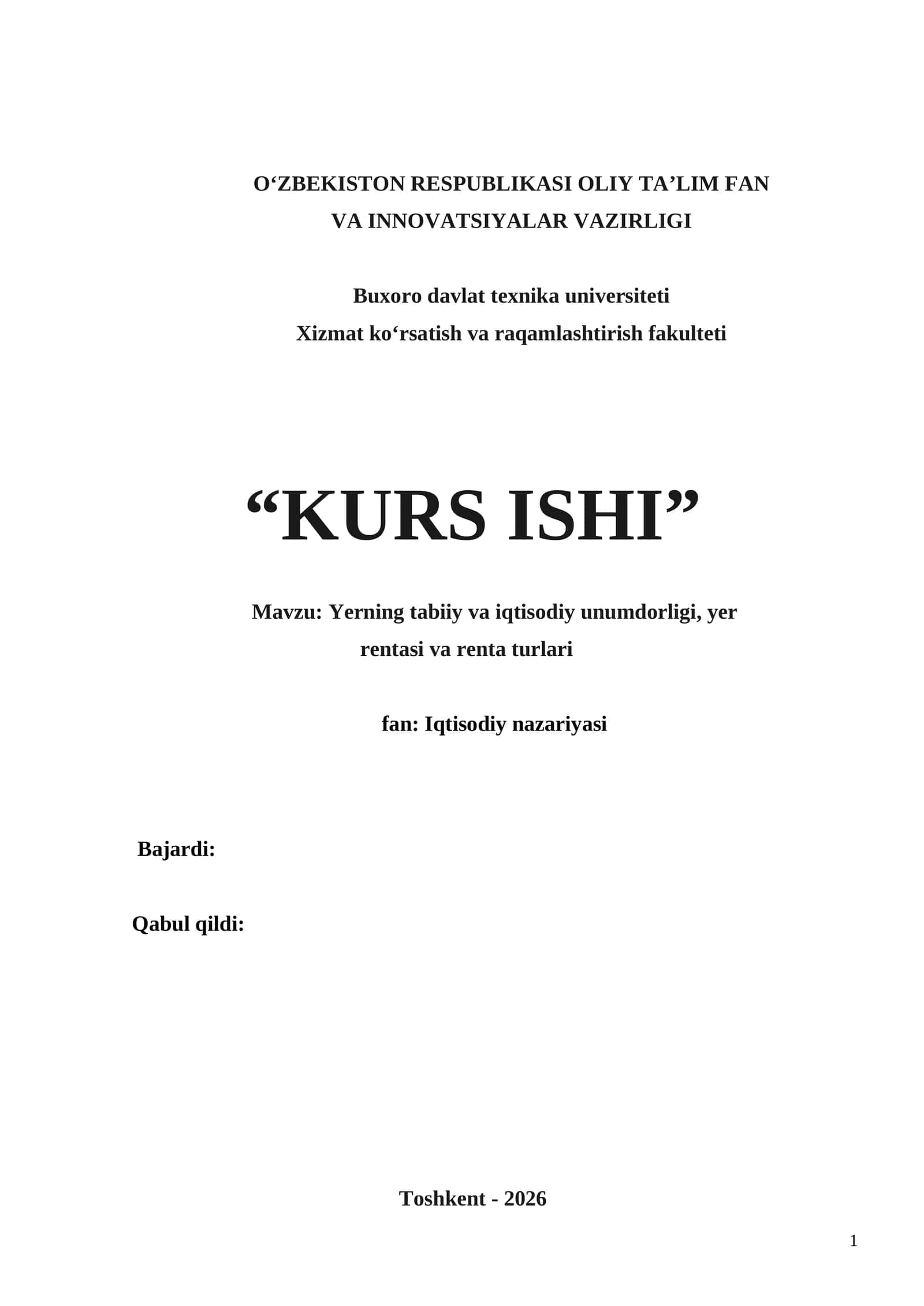 Yerning tabiiy va iqtisodiy unumdorligi, yer rentasi va renta turlari 1