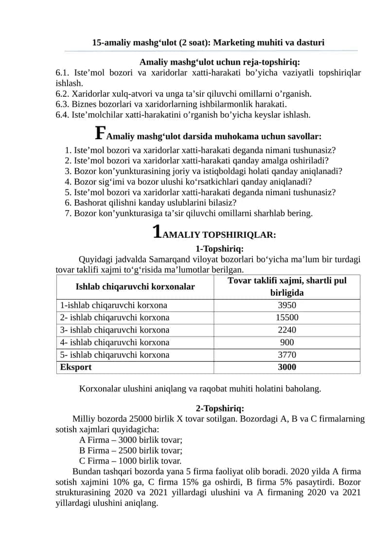 Amaliy mashg‘ulot (2 soat): Marketing muhiti va dasturi 1