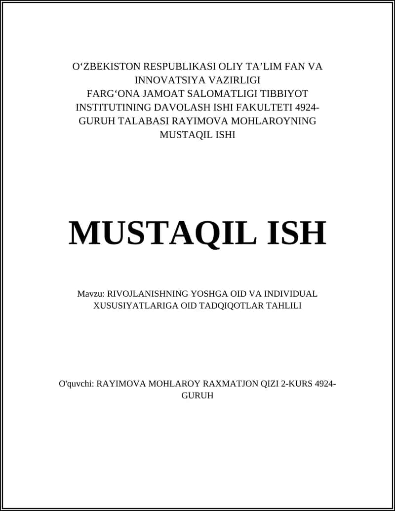 RIVOJLANISHNING YOSHGA OID VA INDIVIDUAL XUSUSIYATLARIGA OID TADQIQOTLAR TAHLILI 1