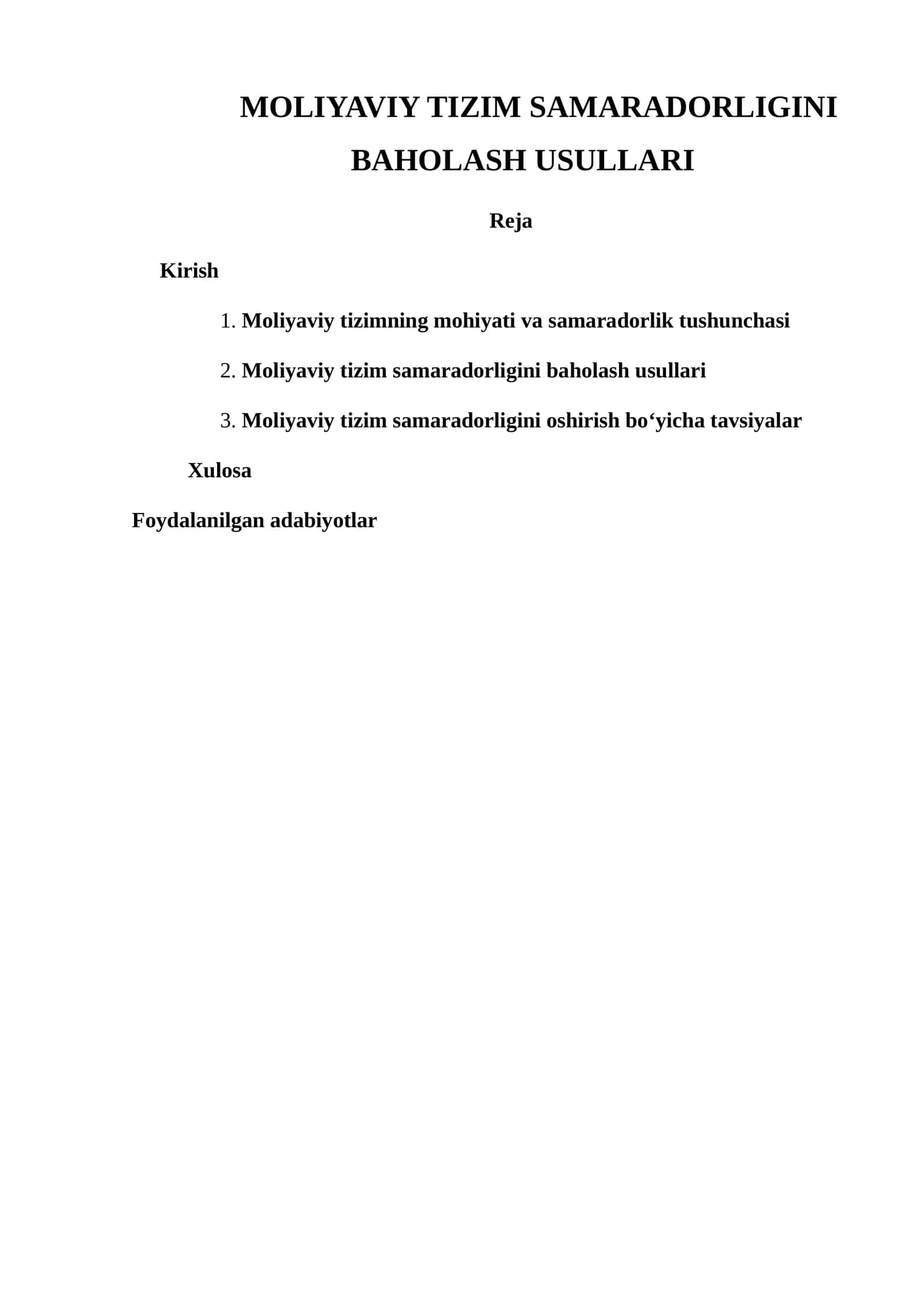 MOLIYAVIY TIZIM SAMARADORLIGINI BAHOLASH USULLARI 1