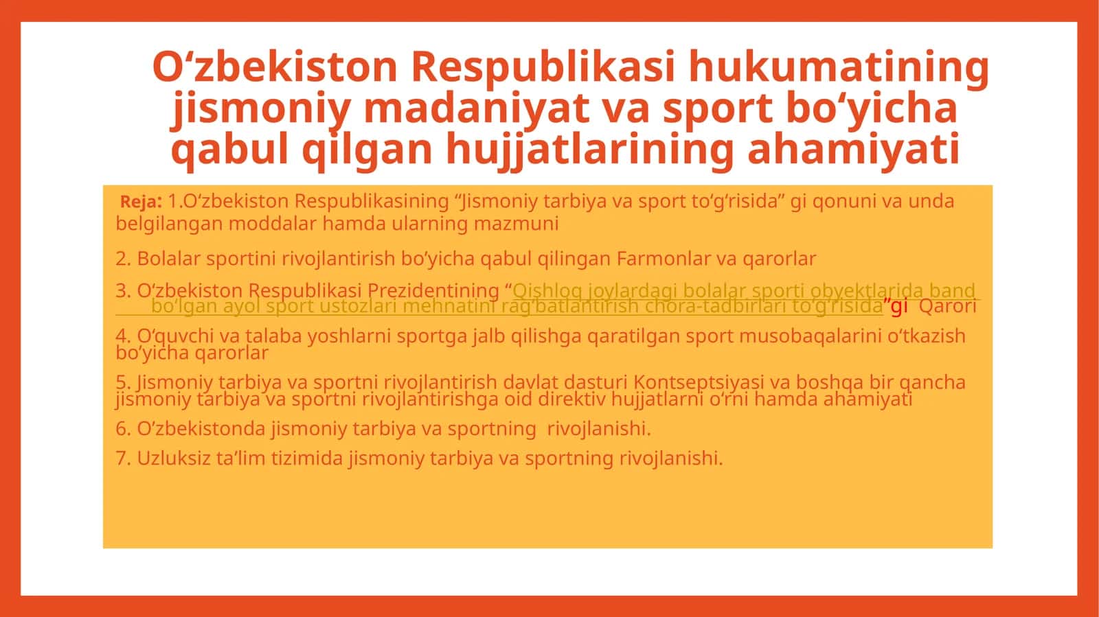 O‘zbekiston Respublikasi hukumatining jismoniy madaniyat va sport bo‘yicha qabul qilgan hujjatlarining ahamiyati 1