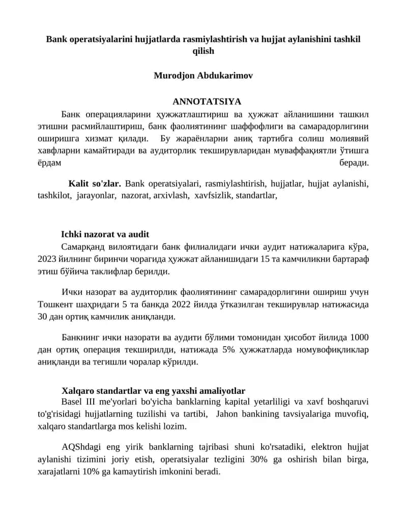 Банк операцияларини ҳужжатлаштириш ва ҳужжат айланишини ташкил қилиш 1