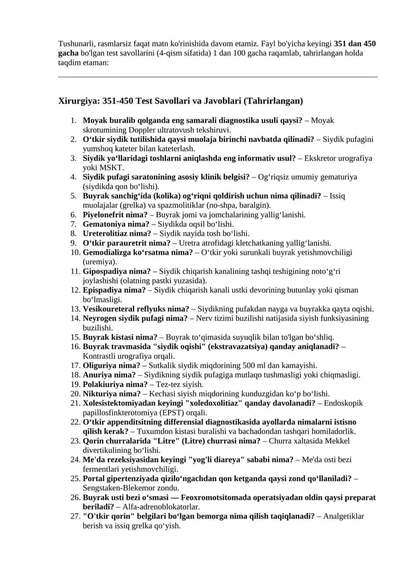 Xirurgiya: 351-450 Test Savollari va Javoblari 5-qism) 1
