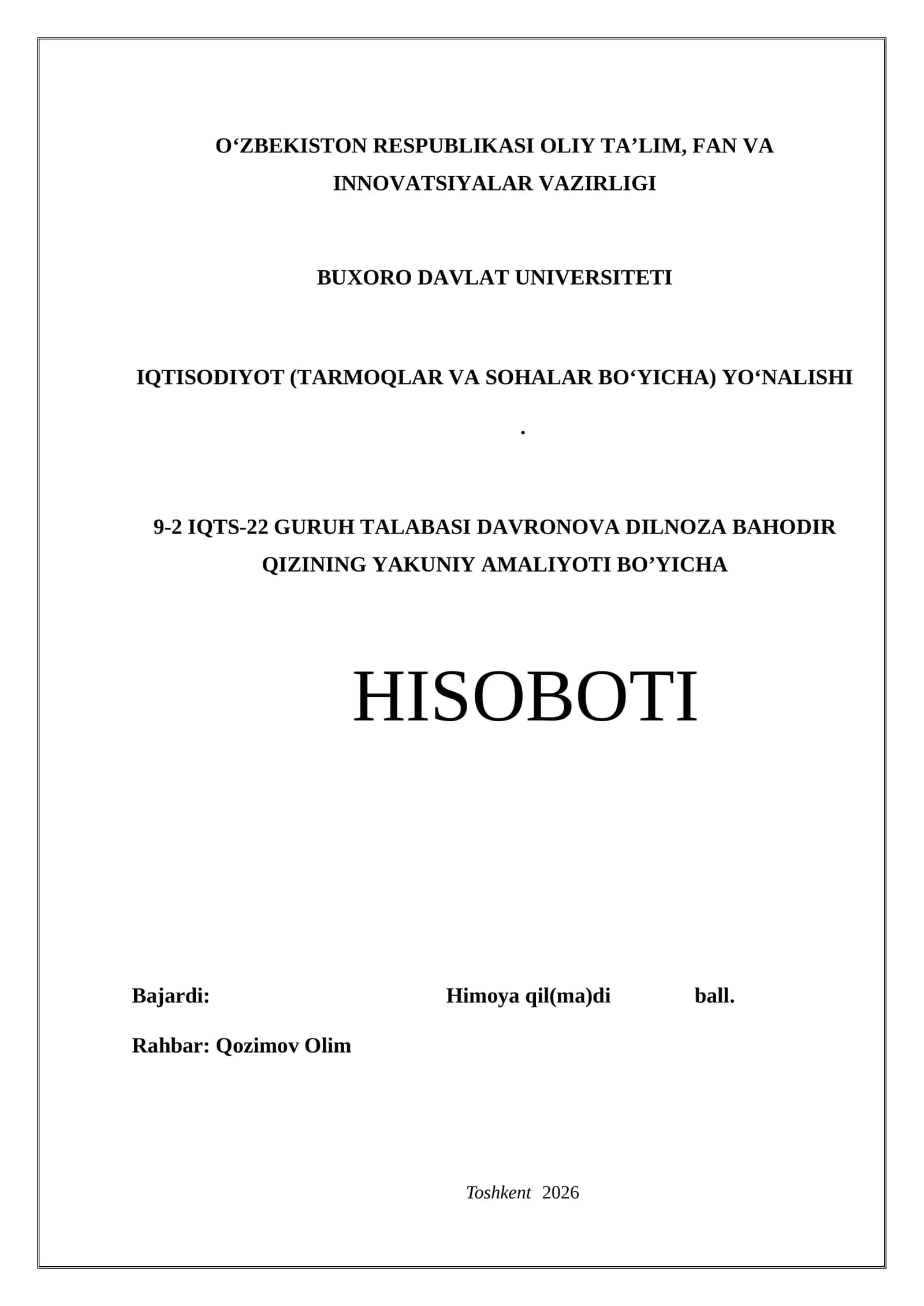 Dori vositalari va tibbiy buyumlar savdosi- Yakuniy Amaliyot Hisoboti 1