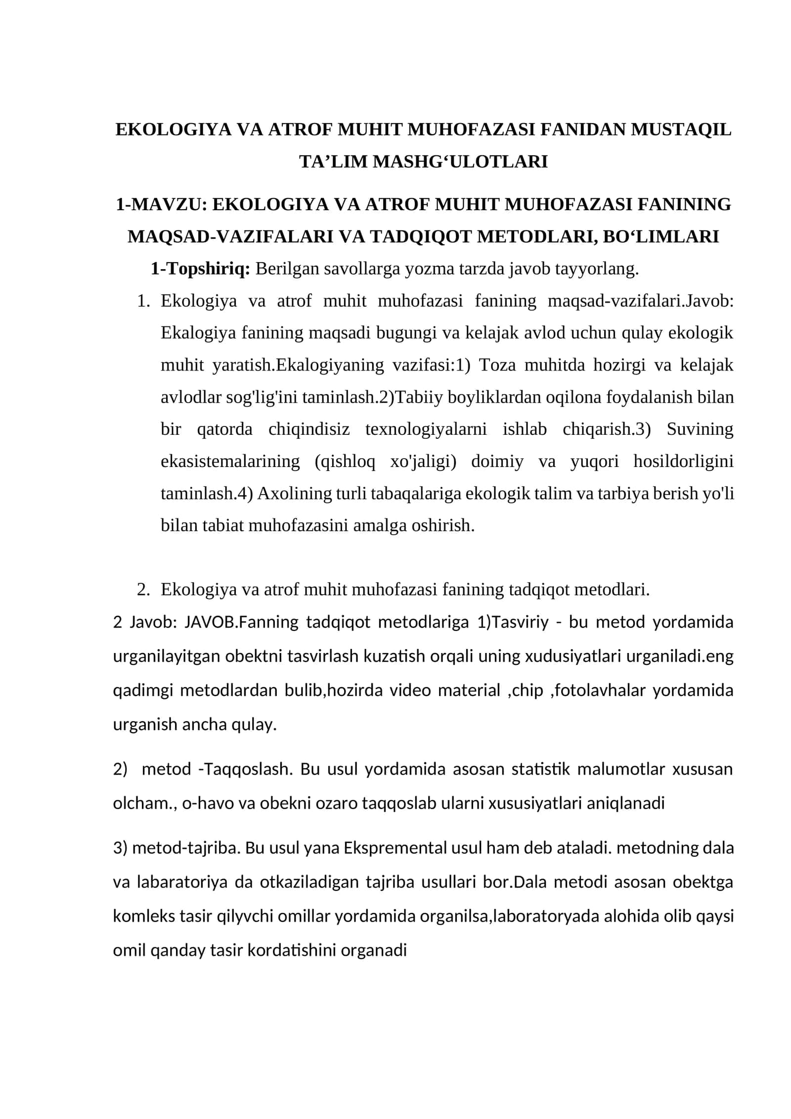 EKOLOGIYA VA ATROF MUHIT MUHOFAZASI FANIDAN MUSTAQIL TA’LIM MASHG‘ULOTLARI 1