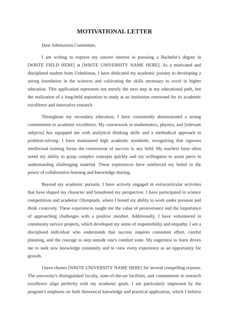 Proffesional uslubda Motivational Letter shabloni 1