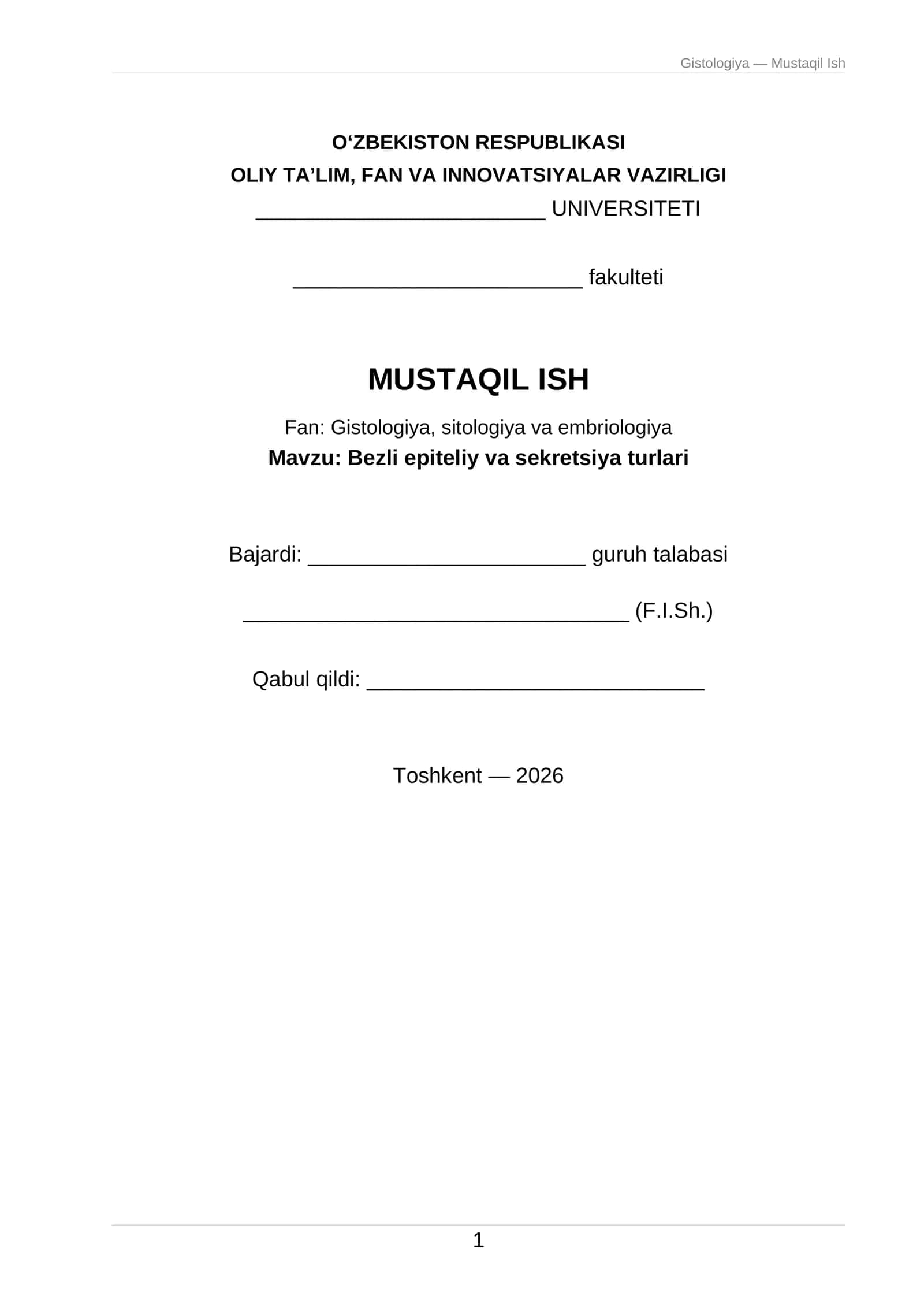 Gistologiya — Mustaqil Ish 1