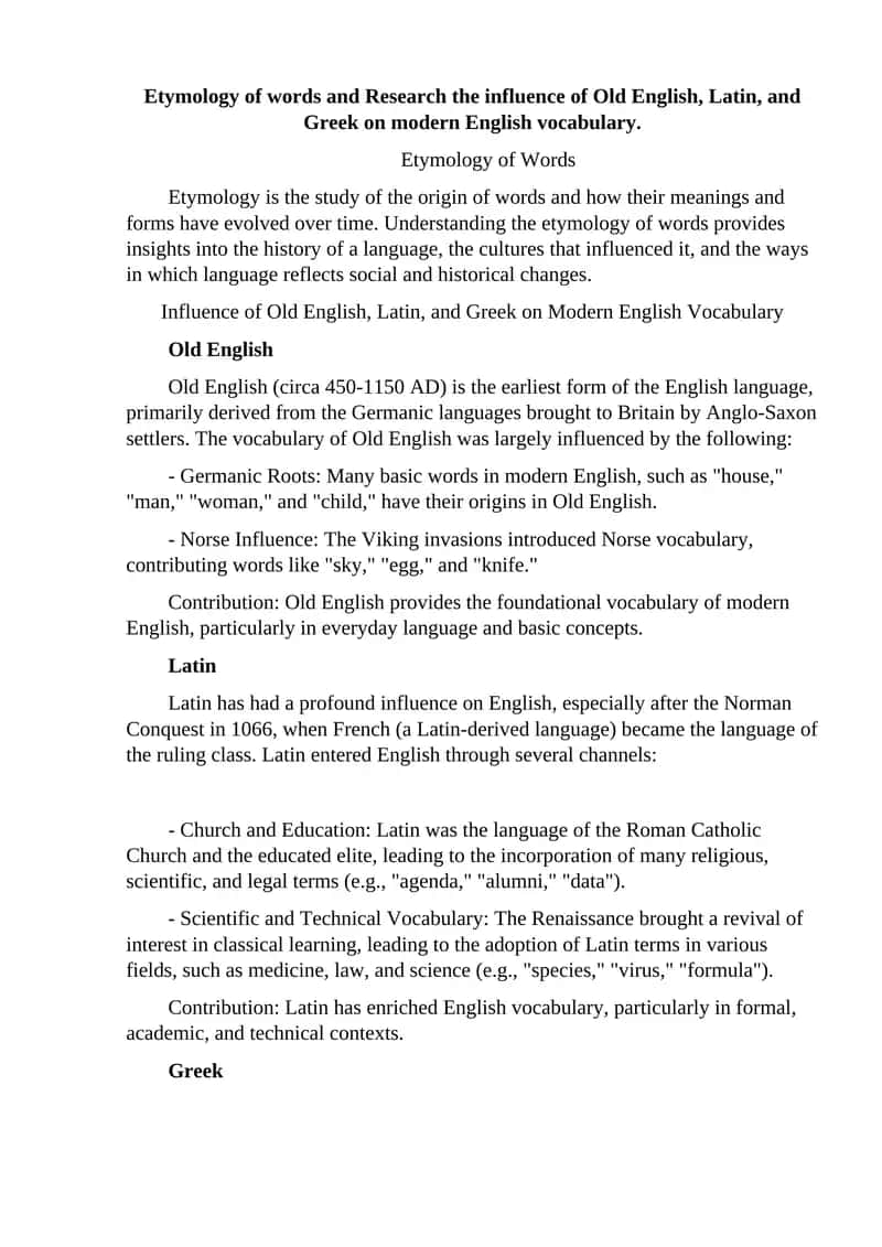 Influence of Old English, Latin, and Greek on Modern English Vocabulary 1