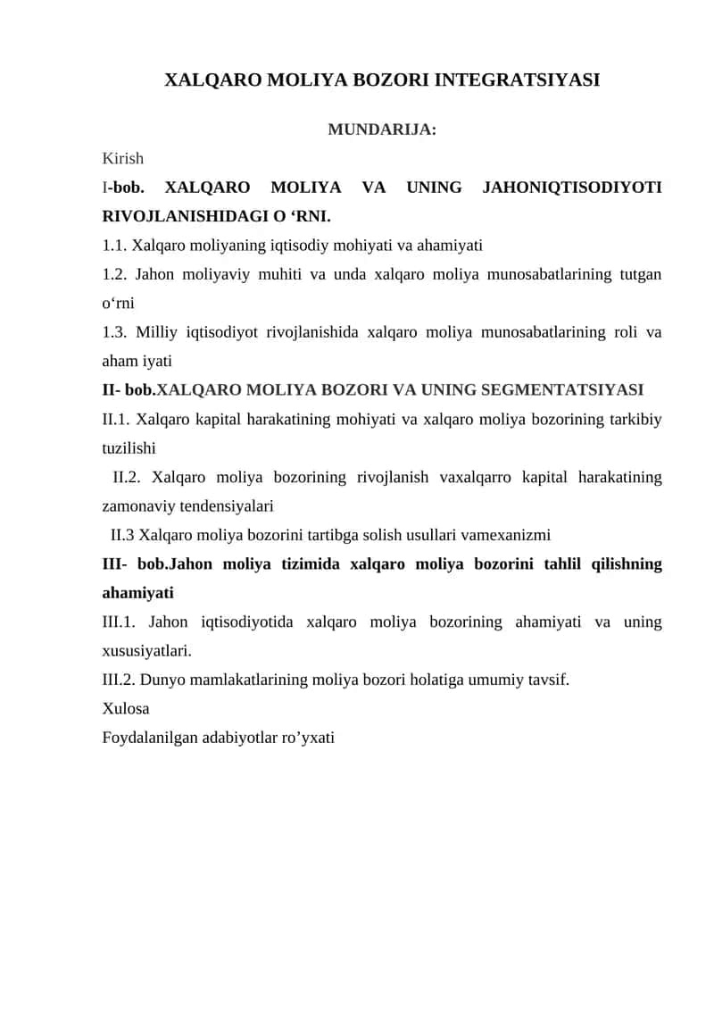 XALQARO MOLIYA BOZORI INTEGRATSIYASI 1