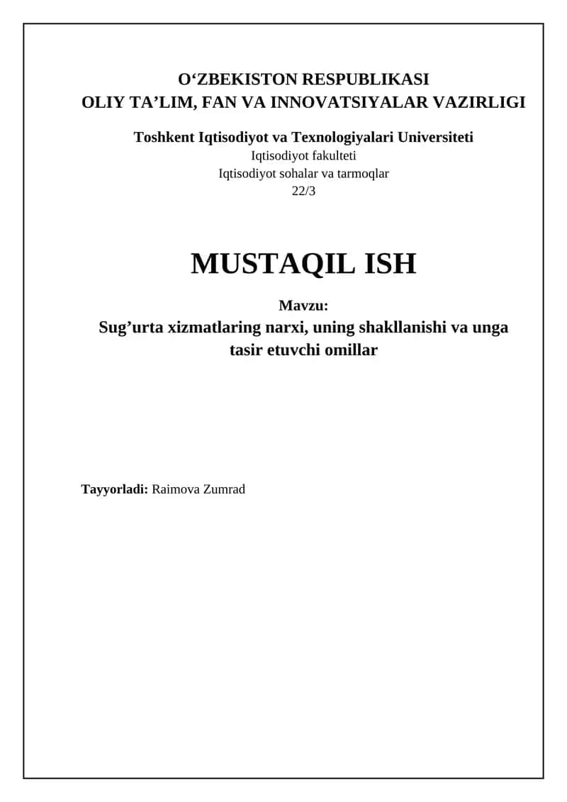 Sug'urta Xizmatlarining Narxi, Shakllanishi va Tasiri 1