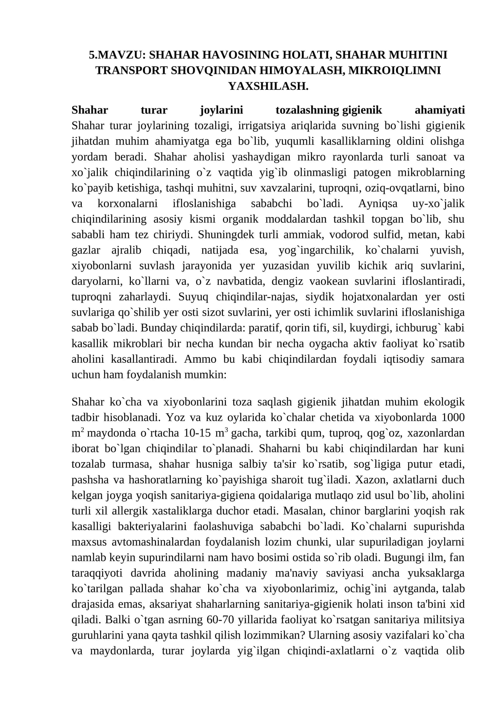 SHAHAR HAVOSINING HOLATI, SHAHAR MUHITINI TRANSPORT SHOVQINIDAN HIMOYALASH, MIKROIQLIMNI YAXSHILASH 1