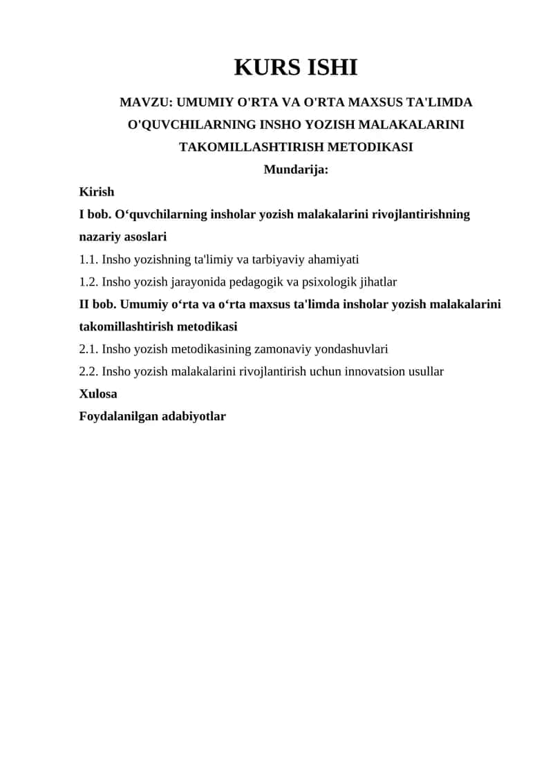 Umumiy O'rta va O'rta Maxsus Ta'limda O'quvchilarning Insho Yozish Malakalarini Takomillashtirish Metodikasi 1
