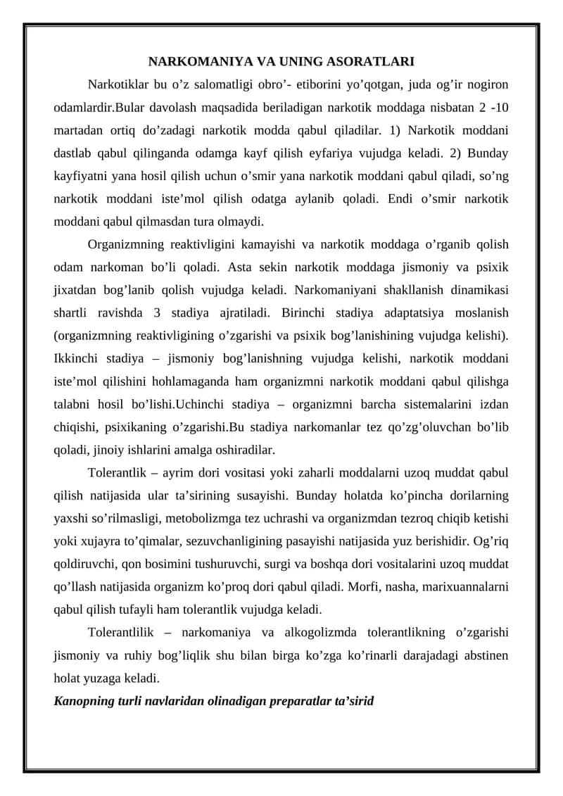 NARKOMANIYA VA UNING ASORATLARI 1