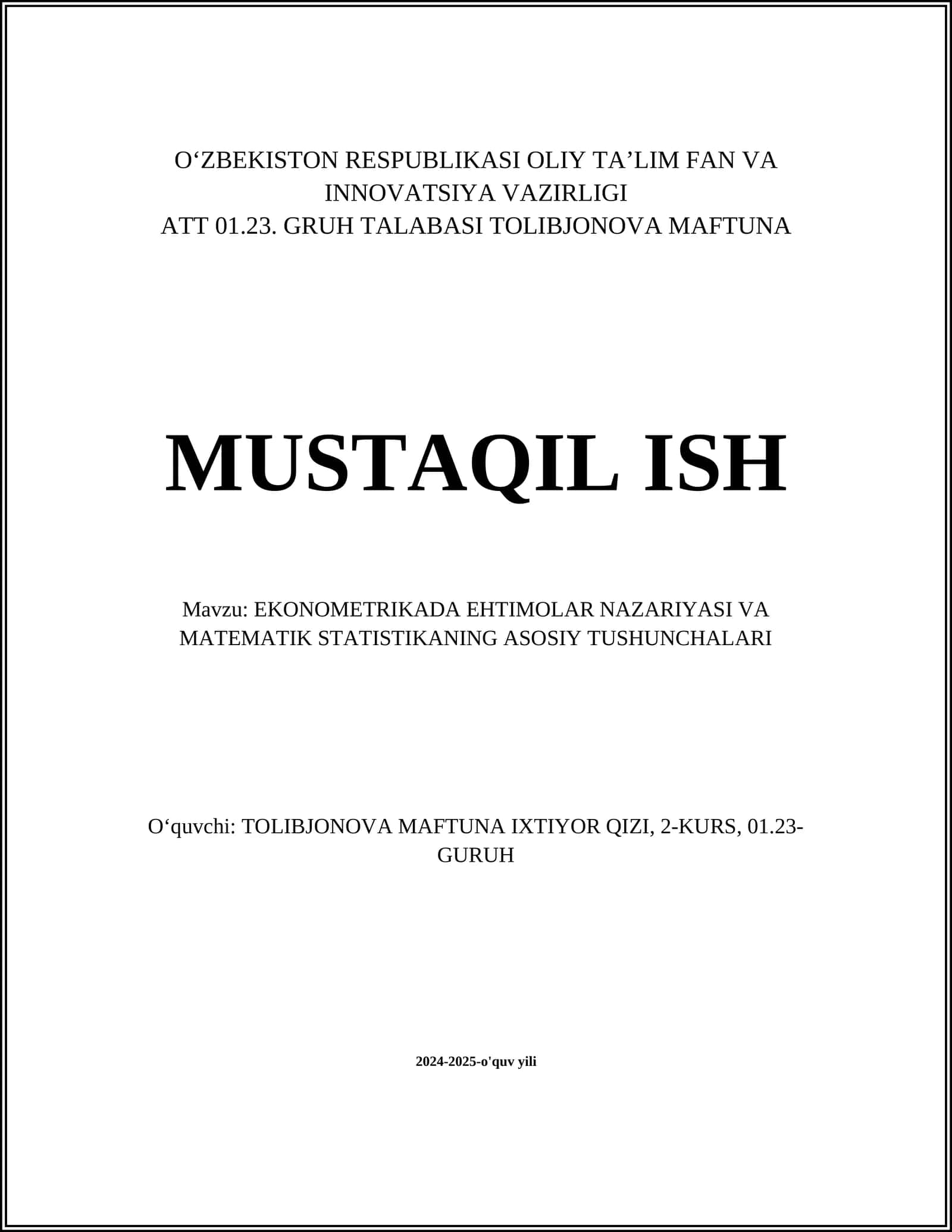 EKONOMETRIKADA EHTIMOLAR NAZARIYASI VA MATEMATIK STATISTIKANING ASOSIY TUSHUNCHALARI 1