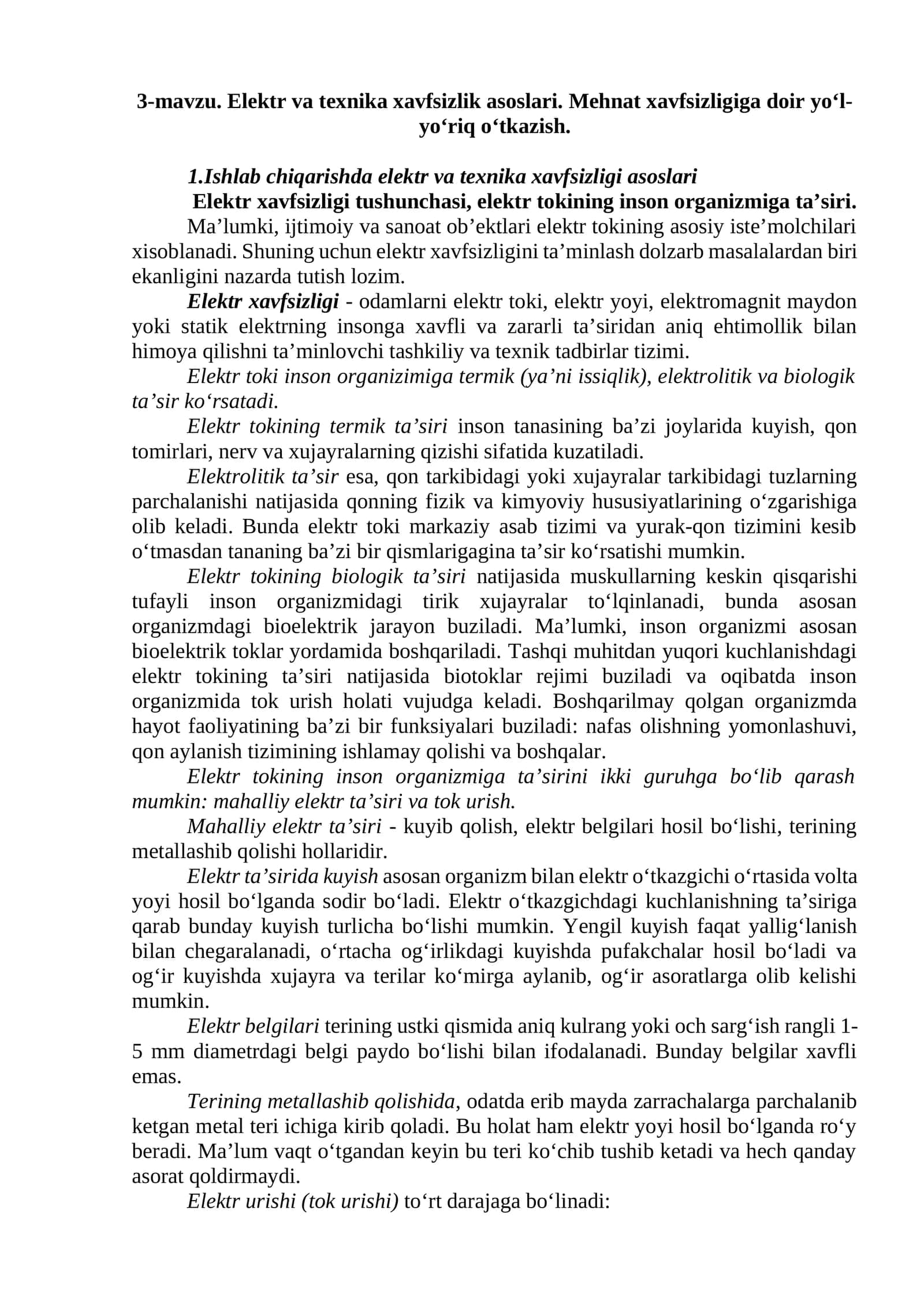 Elektr va texnika xavfsizlik asoslari 1