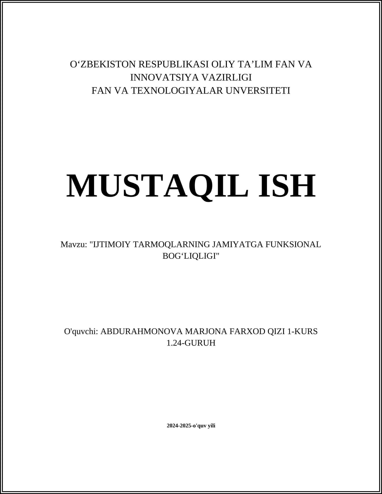 Ijtimoiy tarmoqlarning jamiyatga funktsional bog'liqli [IJTIMOIY TARMOQLARNING JAMIYATGA FUNKSIONAL BOGʻLIQLIGI] 1