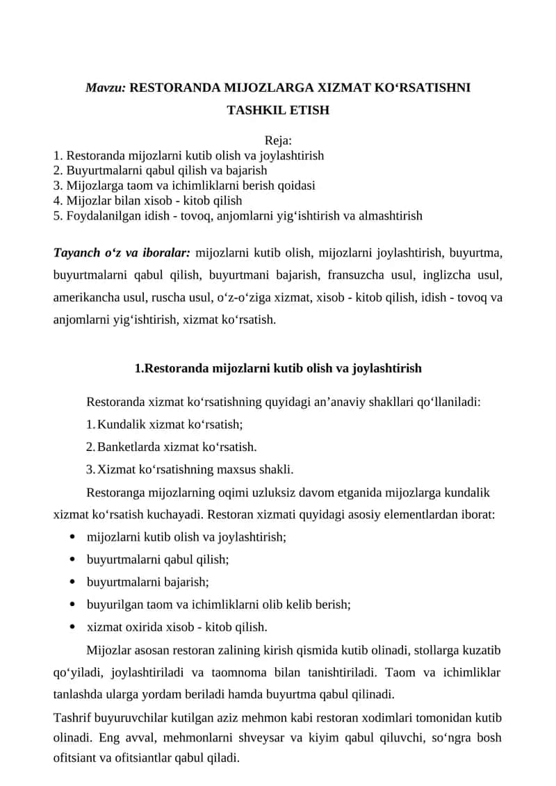 RESTORANDA MIJOZLARGA XIZMAT KO‘RSATISHNI TASHKIL ETISH 1