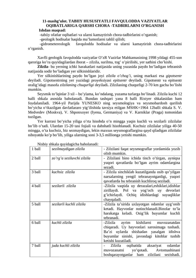 TABIIY HUSUSIYATLI FAVQULODDA VAZIYATLAR OQIBATLARIGA QARSHI CHORA -TADBIRLARNI O’RGANISH 1