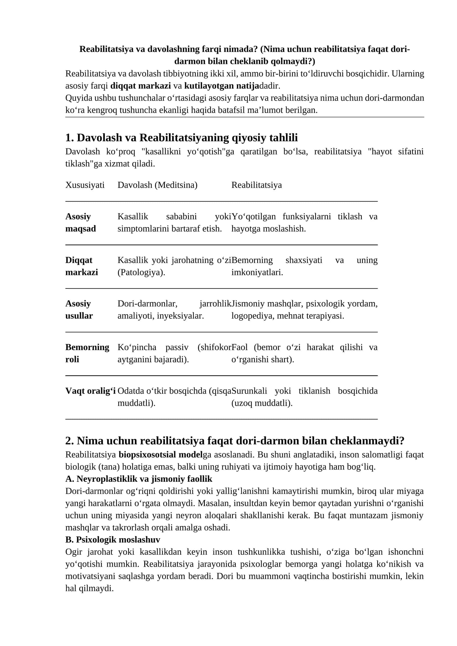 Reabilitatsiya va davolashning farqi nimada? 1