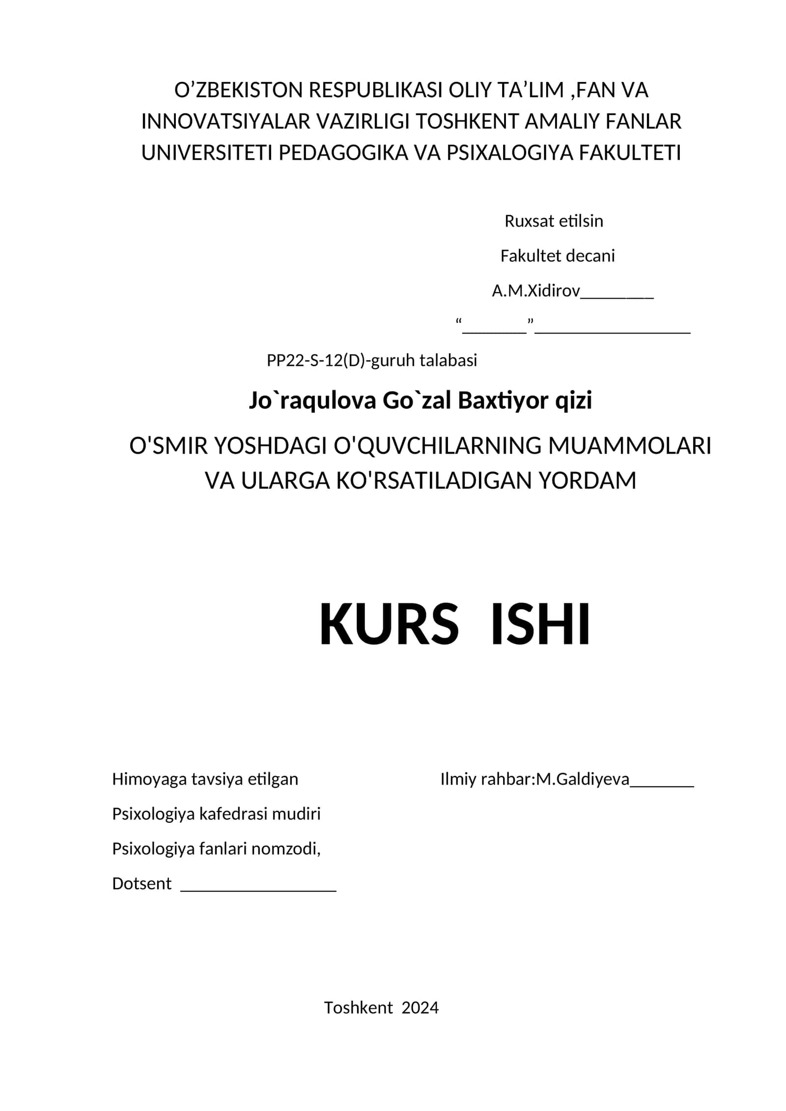 O'SMIR YOSHDAGI O'QUVCHILARNING MUAMMOLARI VA ULARGA KO'RSATILADIGAN YORDAM KURS ISHI 1